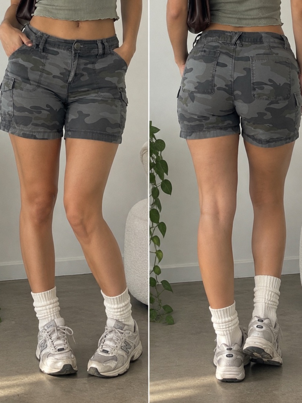 Gray and green Natural Reflections camo cargo shorts